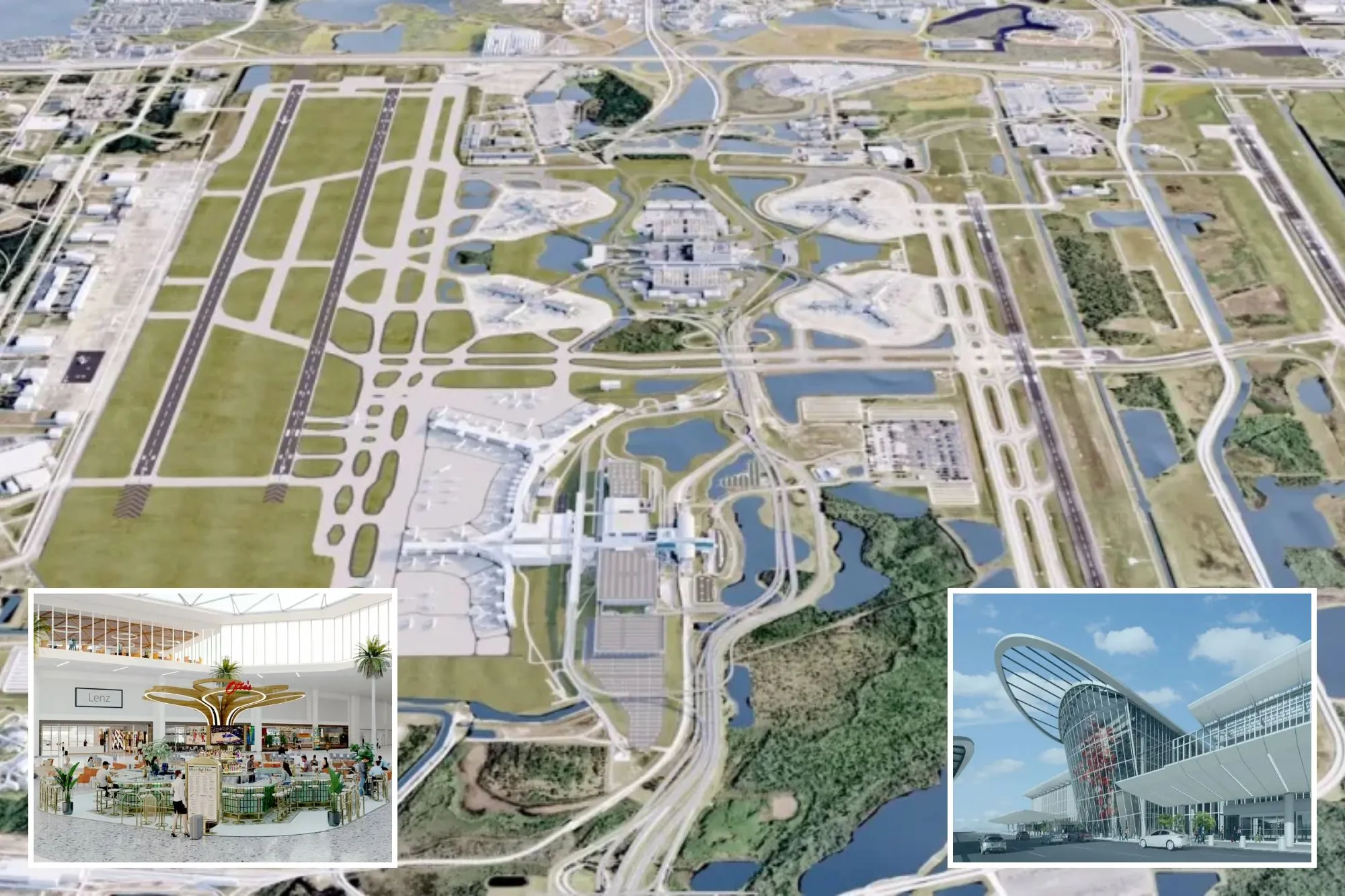 An image collage containing 3 images, Image 1 shows Illustration of a large airport with multiple runways, terminals, and surrounding waterways, Image 2 shows Illustration of the interior of Orlando International Airport's main hall, featuring a large bar called "Otto's High Dive" in the center, surrounded by palm trees and airport shops, Image 3 shows Illustration of the Orlando International Airport expansion with a large glass facade featuring red artwork