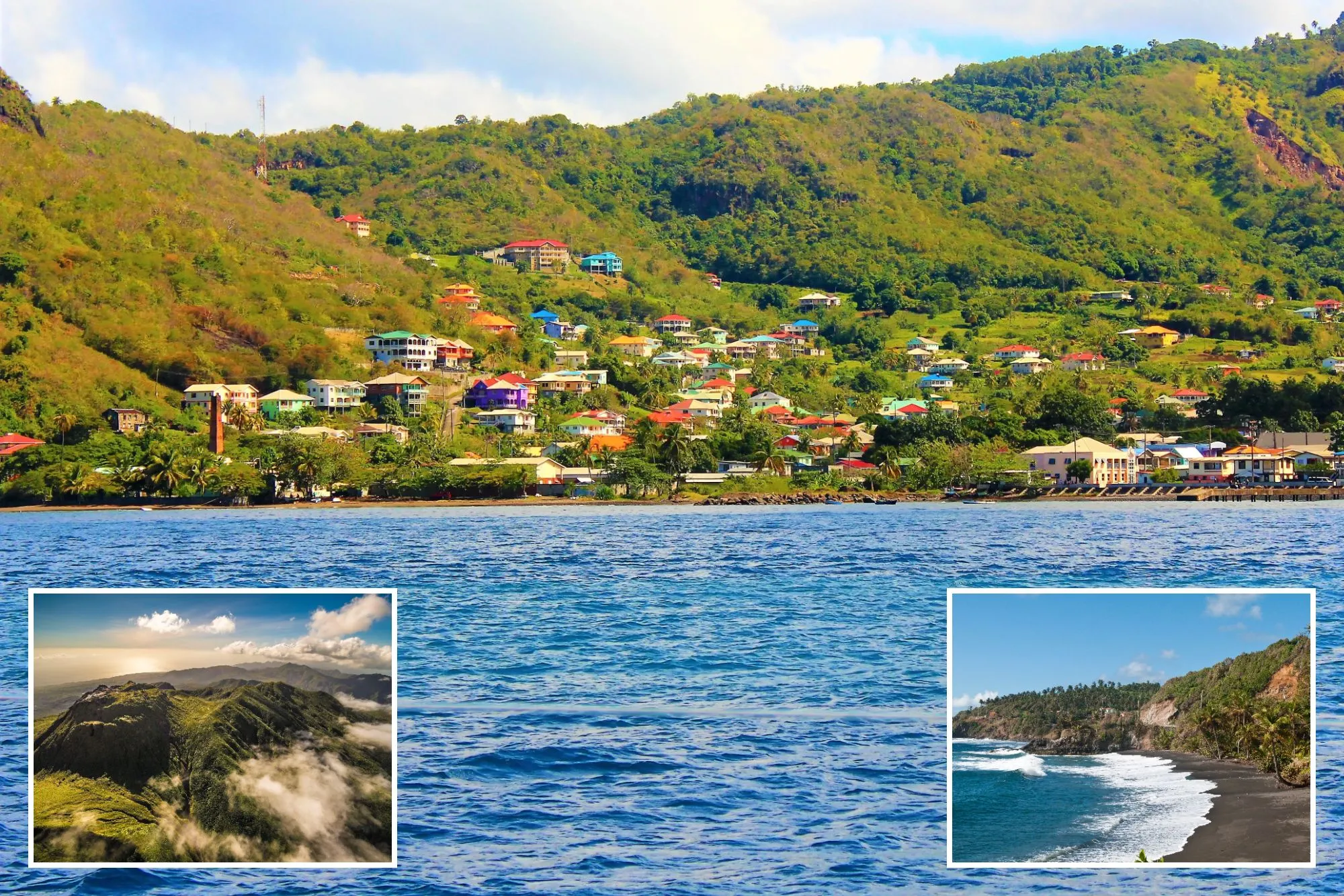 An image collage containing 3 images, Image 1 shows View of the landscape of St Vincent, Caribbean, from the sea, Image 2 shows Aerial view of La Soufrière volcano summit (1467m) in Guadeloupe, Image 3 shows Biabou black sand beach in St. Vincent with waves crashing on the shore and palm trees lining the coast
