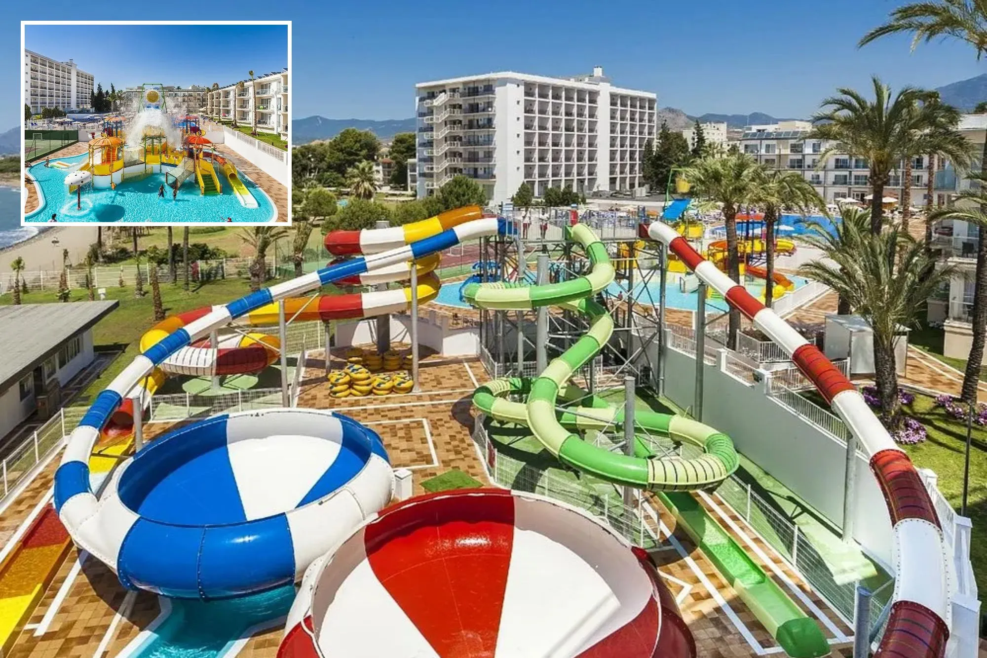 An image collage containing 2 images, Image 1 shows Globales Playa Estepona with multiple waterslides, Image 2 shows Water park at Globales Playa Estepona with slides, water features, and hotel buildings in the background