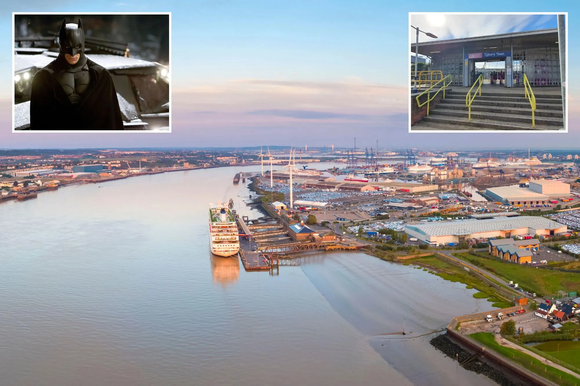 An image collage containing 3 images, Image 1 shows Aerial view of the MV Columbus cruise ship docked at the London Cruise Terminal in Tilbury, with industrial dockyards and large car parks lining the River Thames, Image 2 shows Christian Bale as Batman in "Batman Begins" in front of the Batmobile, Image 3 shows Exterior view of the Tilbury Town train station