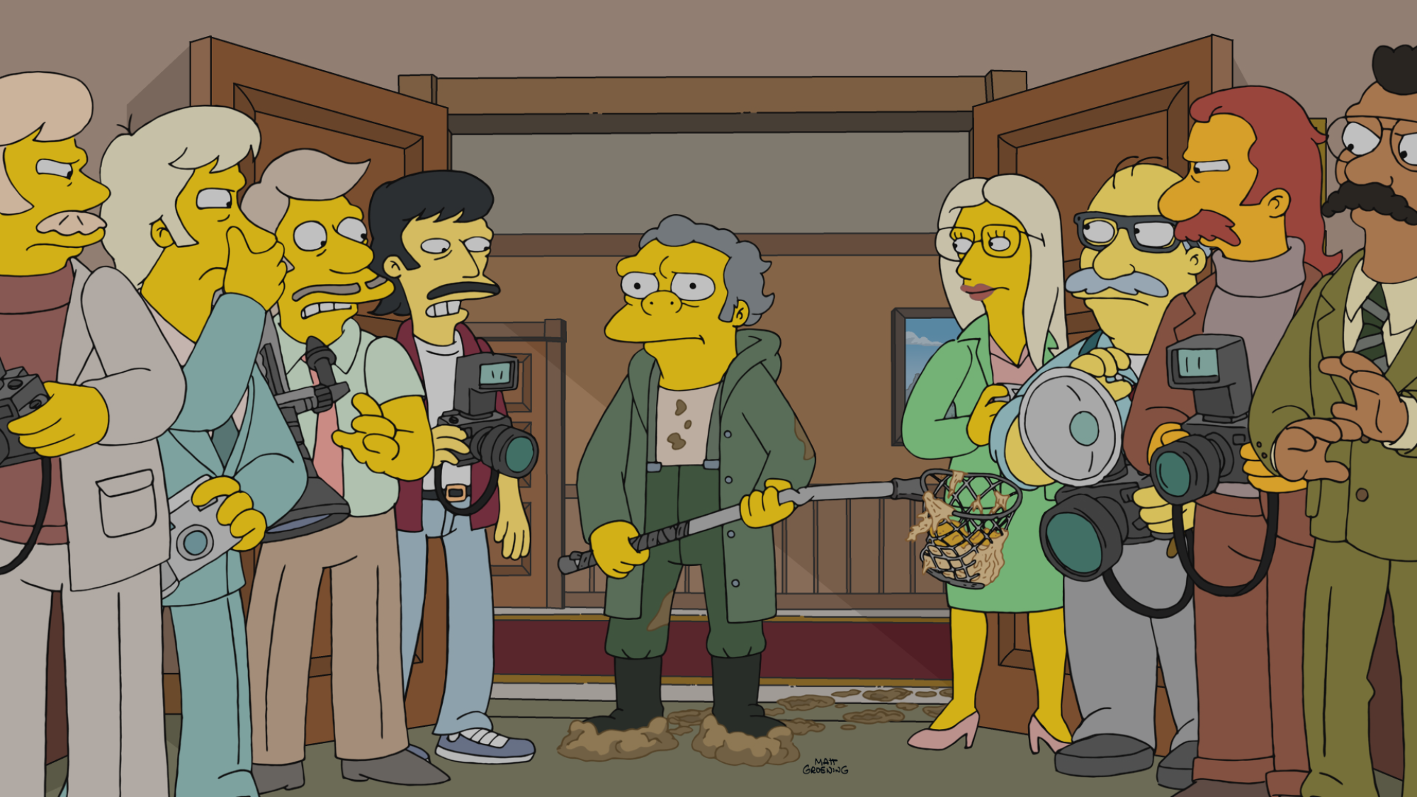 An animated still of a group of yellow characters with cameras looking at a man with a net standing in a doorway.