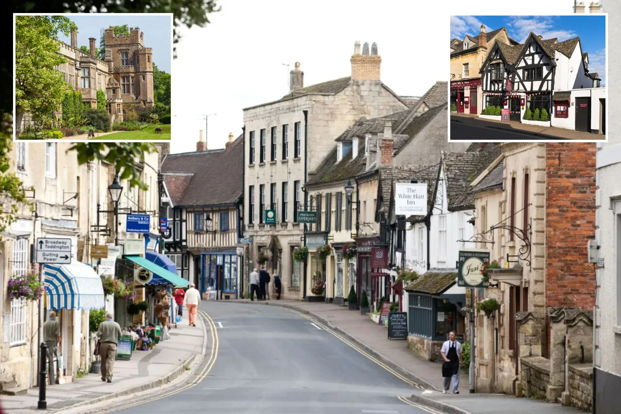 An image collage containing 3 images, Image 1 shows Main street in the Cotswold town of Winchcombe, Gloucestershire, England, UK, Image 2 shows Sudeley Castle in Winchcombe, Gloucestershire, Image 3 shows Wesley House pub and restaurant with black and white Tudor-style timber framing in Winchcombe, Gloucestershire