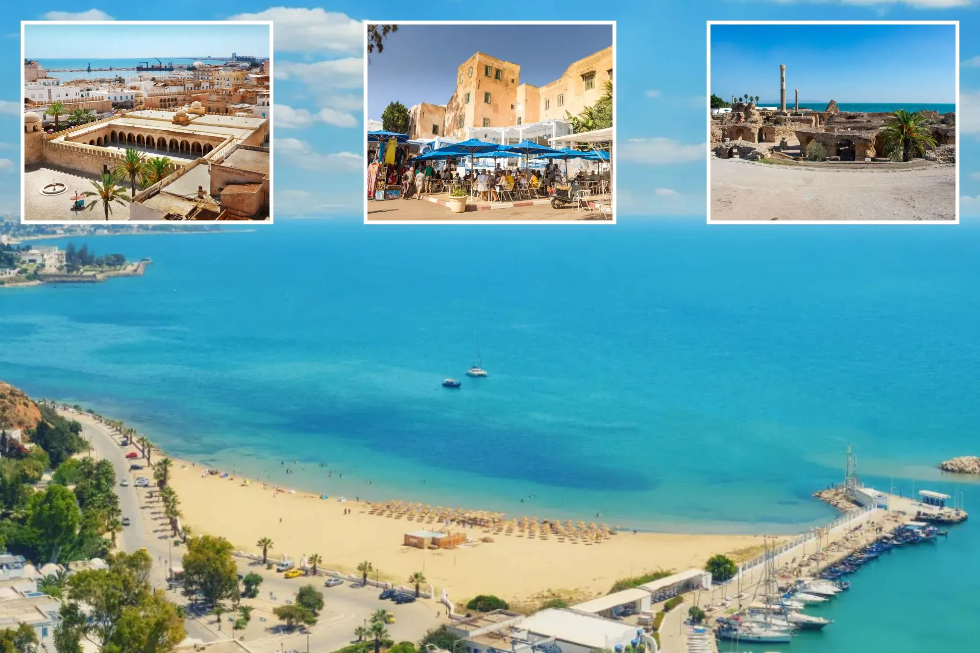 An image collage containing 4 images, Image 1 shows Sea, beach, port with yachts and city views in Sidi Bou Said, Mediterranean, Tunisia, Image 2 shows Great Mosque in Sousse, Tunisia, with a view of the city and the sea, Image 3 shows People walking and sitting at outdoor cafes in the center of Sidi Bou Said, Carthage, Tunisia, a town known for its extensive use of blue and white, Image 4 shows Panoramic view of the ancient Roman baths archaeological site in Carthage, Tunisia, with the Mediterranean Sea in the background