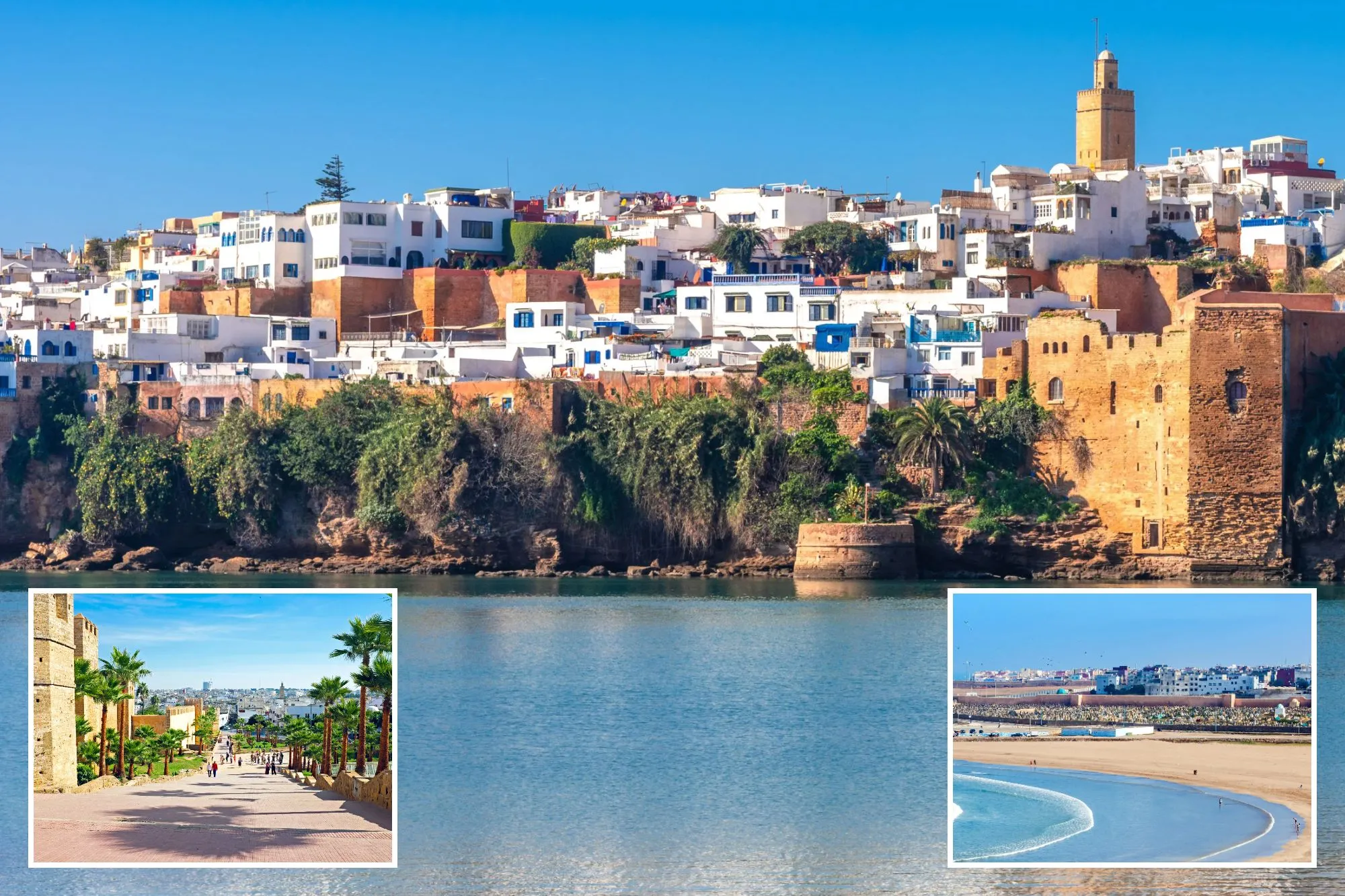 An image collage containing 3 images, Image 1 shows The Kasbah of the Udayas fortress in Rabat, Morocco, Image 2 shows City wall from old Rabat in Morocco, with palm trees and people walking on a pathway, Image 3 shows Aerial view of Rabat beach in Morocco, with the Kasbah of the Udayas fortress in the background