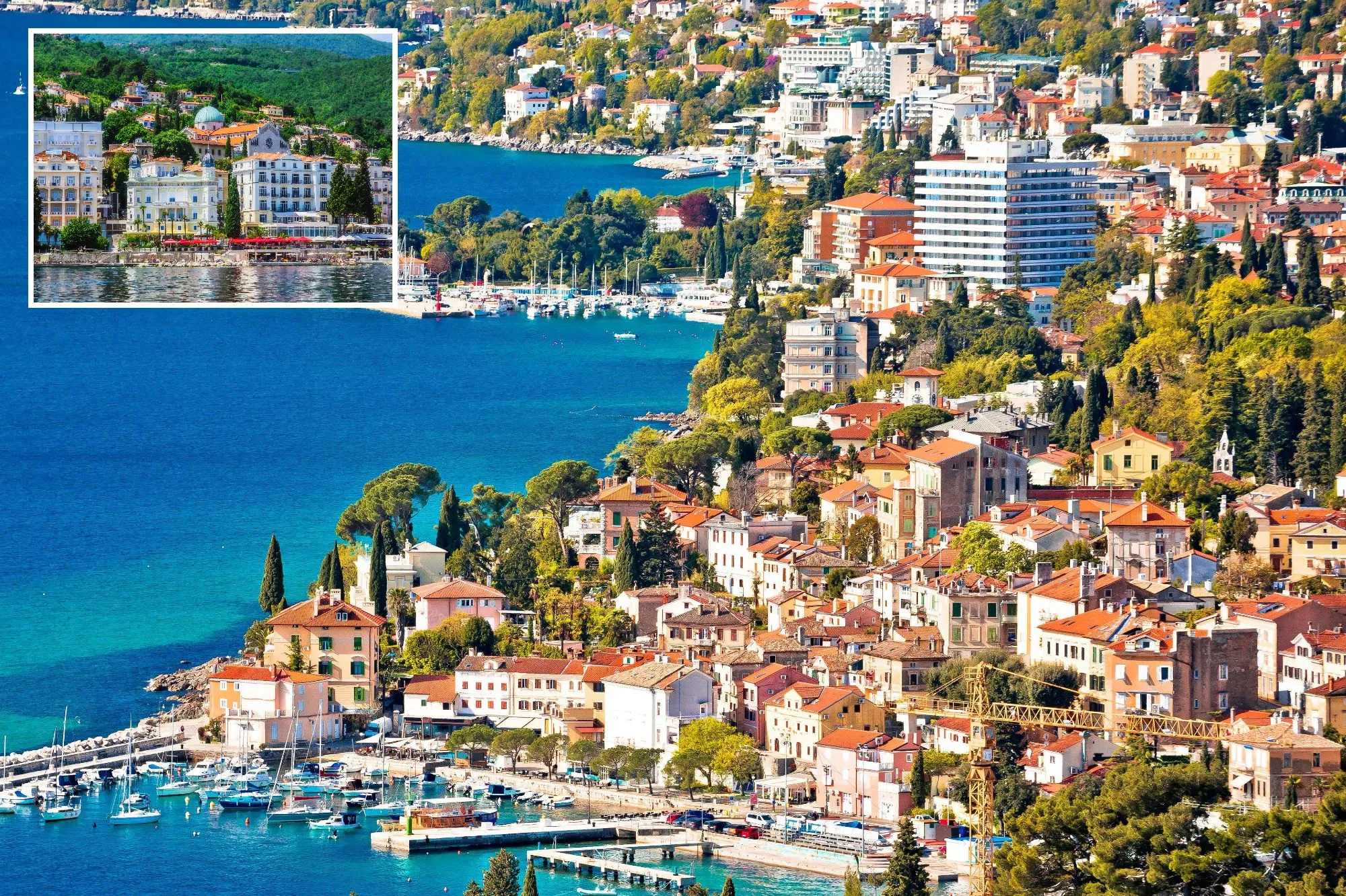 An image collage containing 2 images, Image 1 shows Panoramic aerial view of the Opatija Riviera waterfront in Croatia, showing a vibrant blue bay, numerous boats docked in marinas, and a hillside town with multi-colored buildings, many featuring red-tiled roofs, surrounded by green trees, Image 2 shows Residential buildings and the Church of the Annunciation in Opatija town on the Adriatic Sea