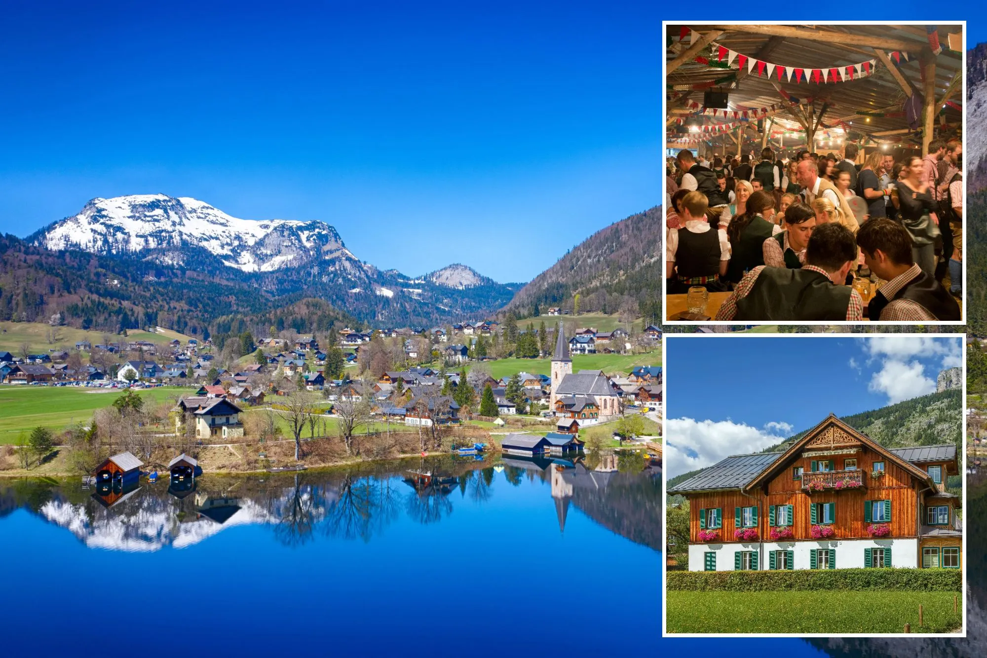 An image collage containing 3 images, Image 1 shows Altaussee and Lake Altausseer See in Salzkammergut, Austria, Image 2 shows People in traditional Austrian attire gathered inside a large beer tent at the Ausseer Kirtag festival, Image 3 shows Altaussee village, Styria, Austria, with a brown and white traditional house in the foreground and a mountain in the background