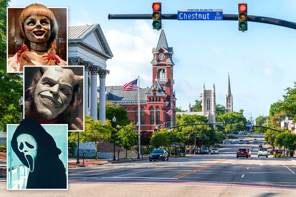 Collage of three horror movie characters and a street scene from Downtown Wilmington.