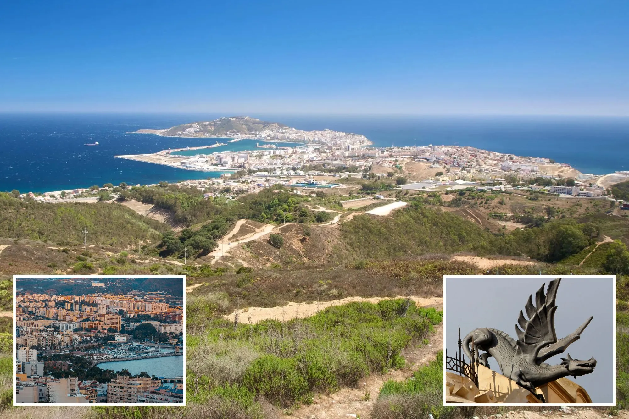 An image collage containing 3 images, Image 1 shows Aerial view of Ceuta, a Spanish town and port in Africa, with mountains in the foreground, Image 2 shows Aerial view of the city of Ceuta with buildings, a marina in a bay, and mountains in the background, Image 3 shows Dragon sculptures on top of the House of the Dragons building in Ceuta, Spain