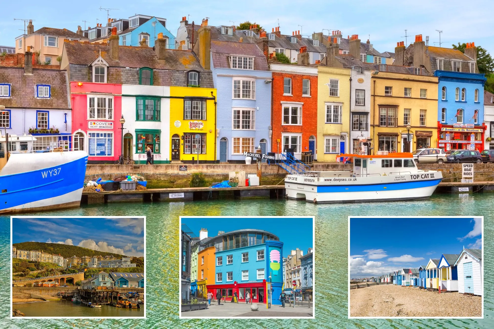 An image collage containing 4 images, Image 1 shows A historic harbor in Weymouth, Dorset, with boats docked in front of a row of colorful buildings, Image 2 shows Ventnor seaside resort on the Isle of Wight, with colorful buildings on a hillside overlooking a marina, Image 3 shows Brightly colored buildings with businesses on a street, Image 4 shows Colorful beach huts on Southend-on-Sea beach