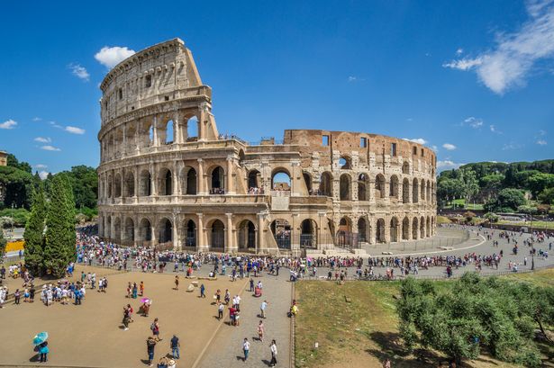view of the Colosseum Amphitheatreseen from Velian Hill at the Roman Forum, Rome, Italy