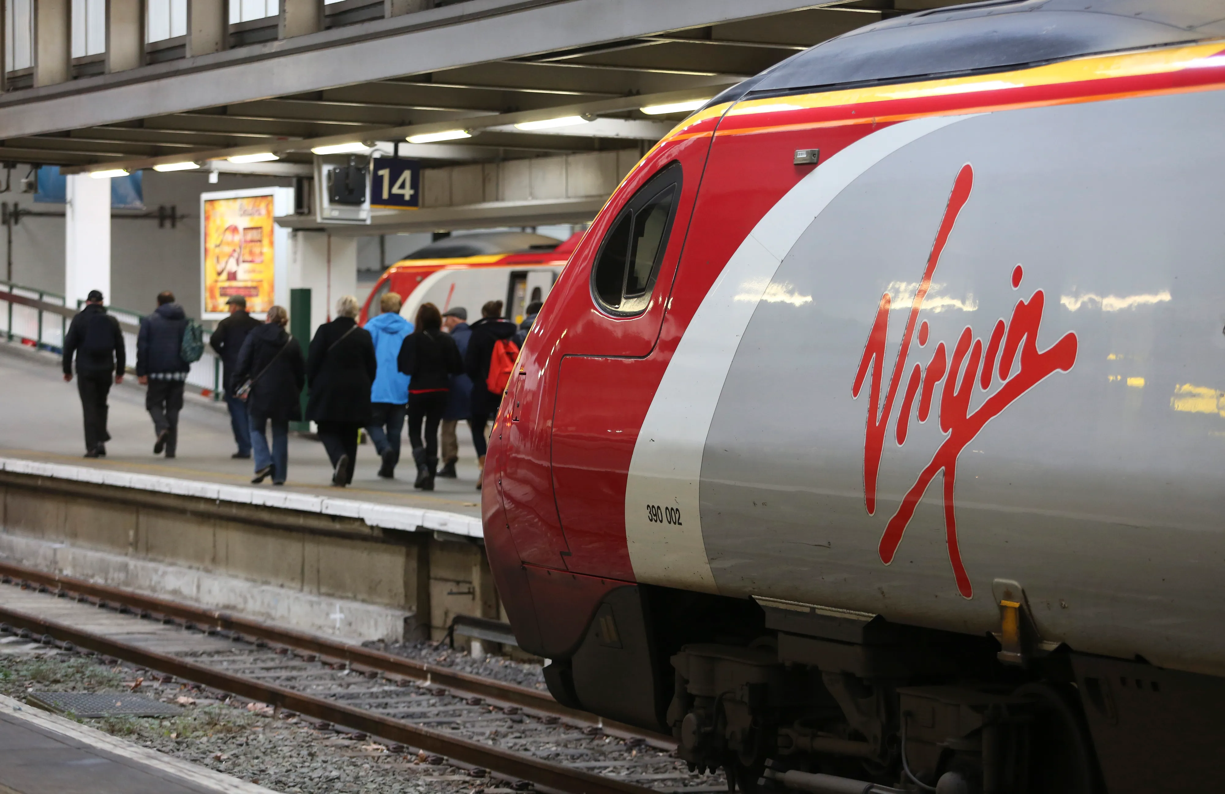 Virgin Trains operated West Coast train on a platform at Euston railway station in London.