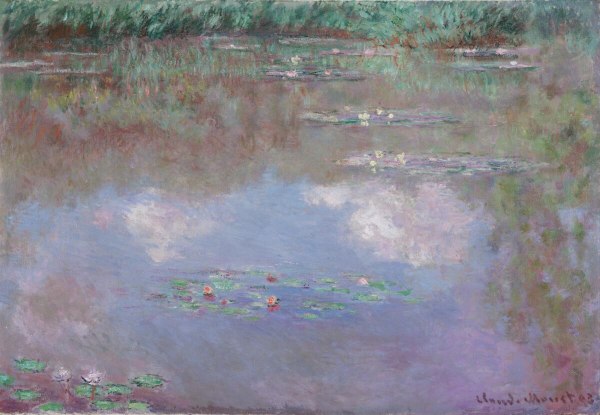 An oil painting of a water lily pond.