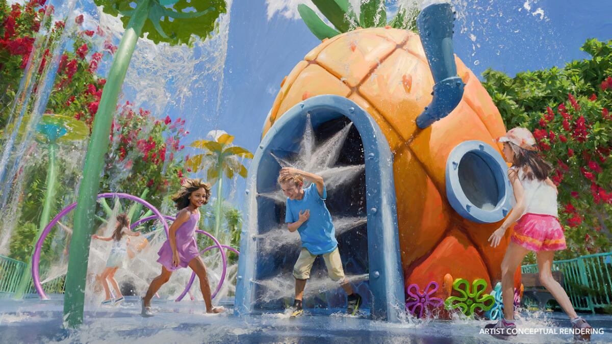 a rendering of kids playing in and around a splash-zone pineapple