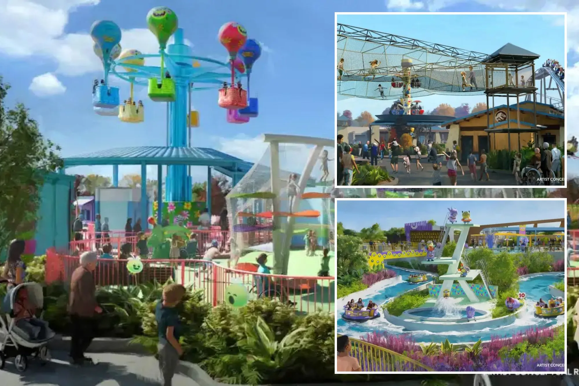 An image collage containing 3 images, Image 1 shows Illustration of Universal's new theme park for kids, featuring a balloon ride, a large climbing structure, and a roller coaster, Image 2 shows Illustration of Universal's new theme park for kids, featuring a netted play area, a rollercoaster, and a "Jurassic World" themed building, Image 3 shows Illustration of a Minions-themed water ride with boats, characters, and a splash tower