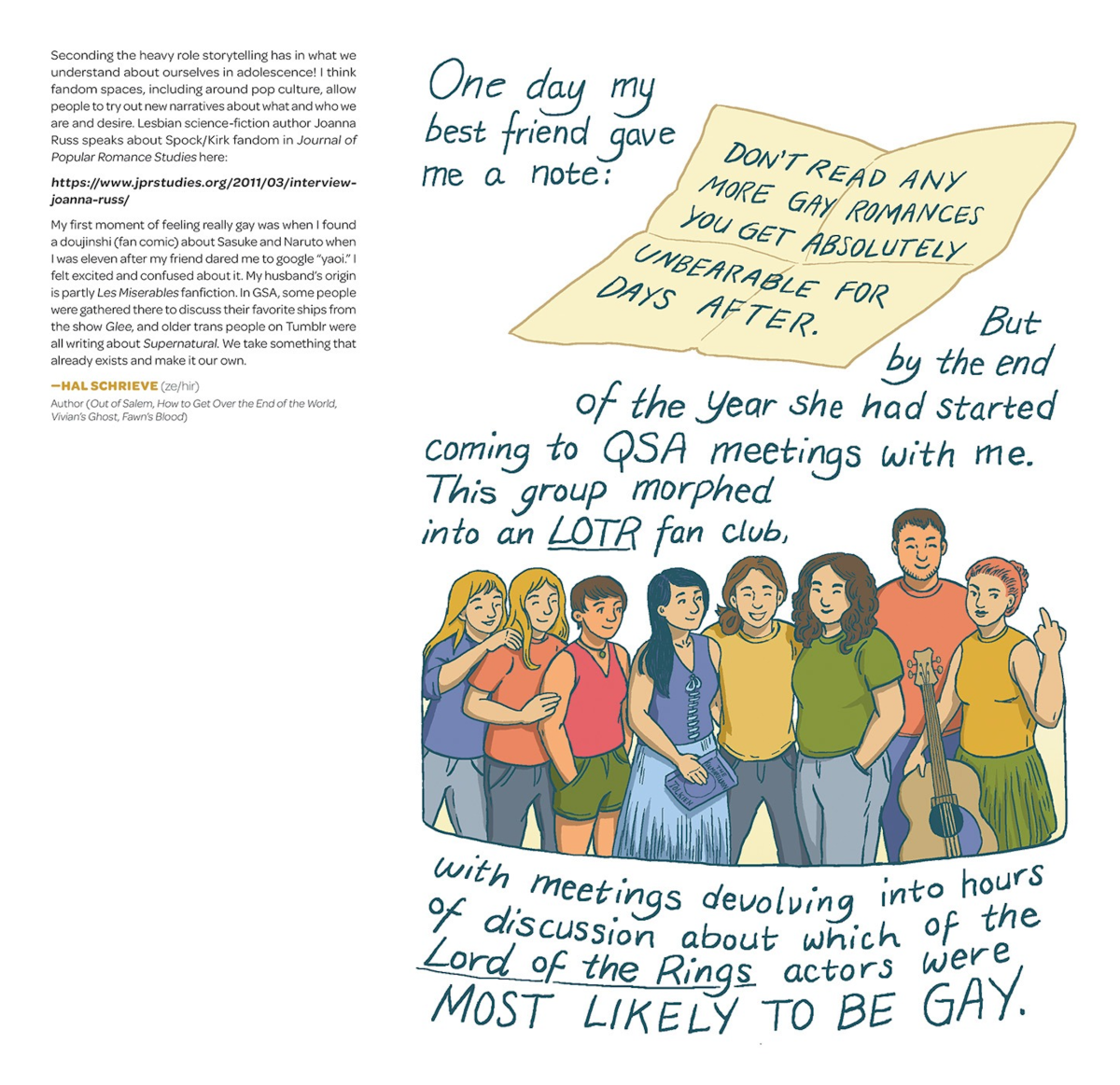 a comics page featuring a drawing of a group of young people and a handwritten note