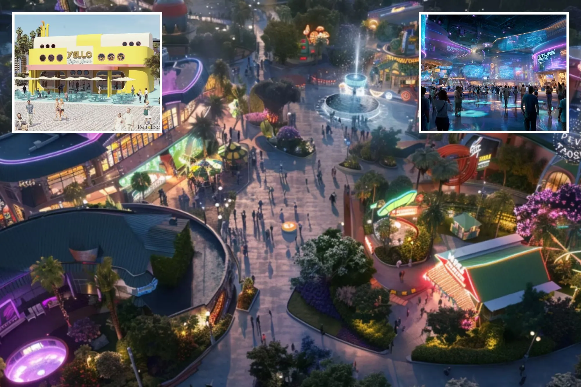 An image collage containing 3 images, Image 1 shows Illustration of an aerial view of a retro theme park with brightly lit buildings and a central fountain, Image 2 shows Illustration of a 1950s themed Yello Coffee House with outdoor seating, palm trees, and people walking by, Image 3 shows Illustration of a futuristic theme park interior with people walking, neon lights, and large screens displaying digital information