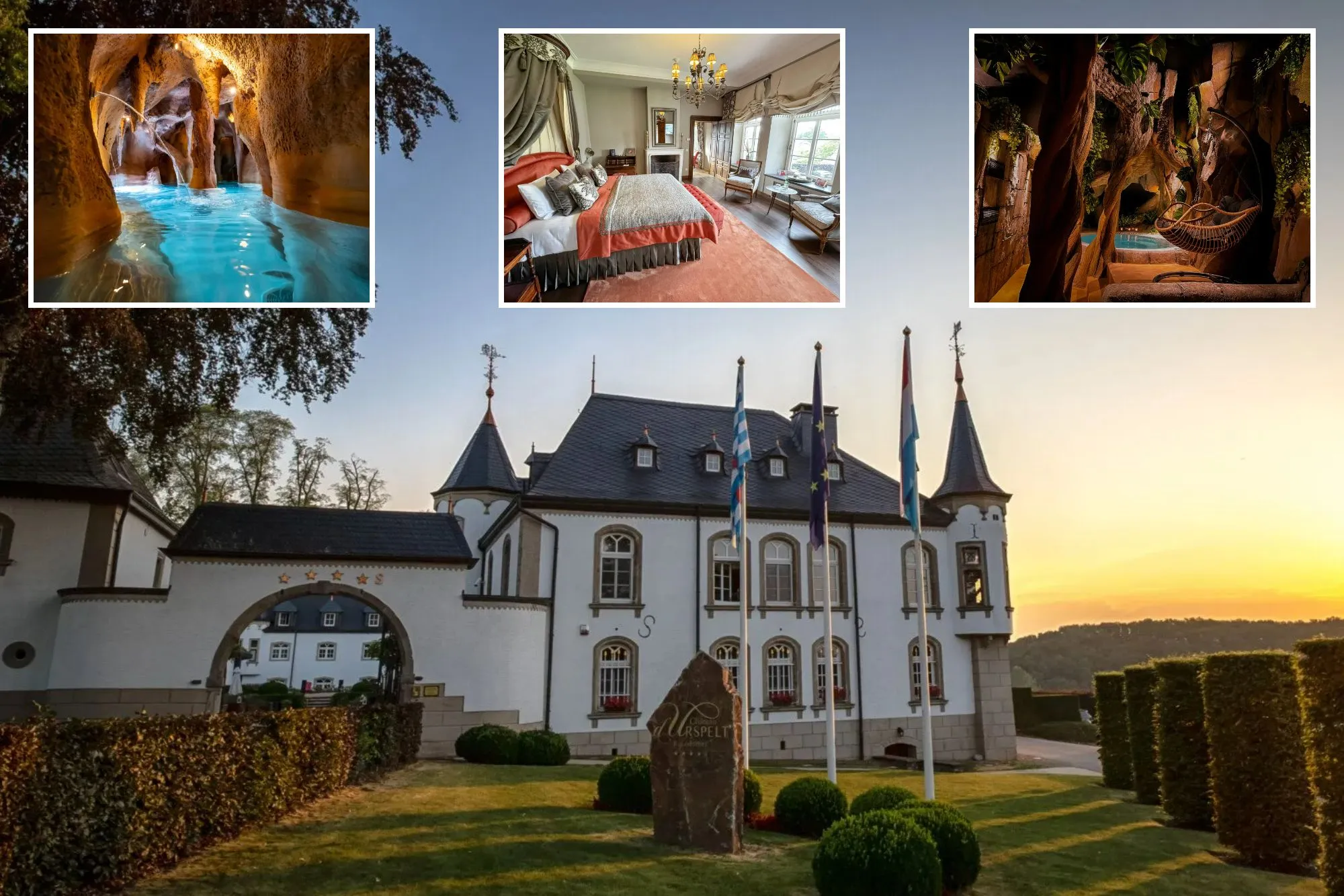 An image collage containing 4 images, Image 1 shows Chateau d'Urspelt in Luxembourg at sunset, Image 2 shows A grotto with glowing turquoise water, illuminated by warm lights from above, Image 3 shows A bedroom in the Chateau d'Urspalt with an orange bedspread, a fireplace, and a chandelier, Image 4 shows Indoor spa with a hot tub, rock walls, fake trees, and a hanging wicker chair
