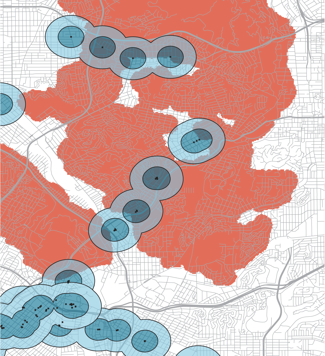 Map of northeast Los Angeles neighborhoods such as Highland Park, Eagle Rock and Montecito Heights that near “very high” fire hazard severity zones.