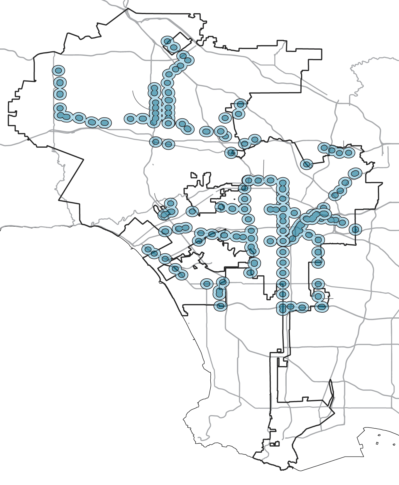 Map of Los Angeles showing transit hubs where dense housing projects could be approved.