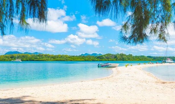 A white sand beach with boats in Mauritius.