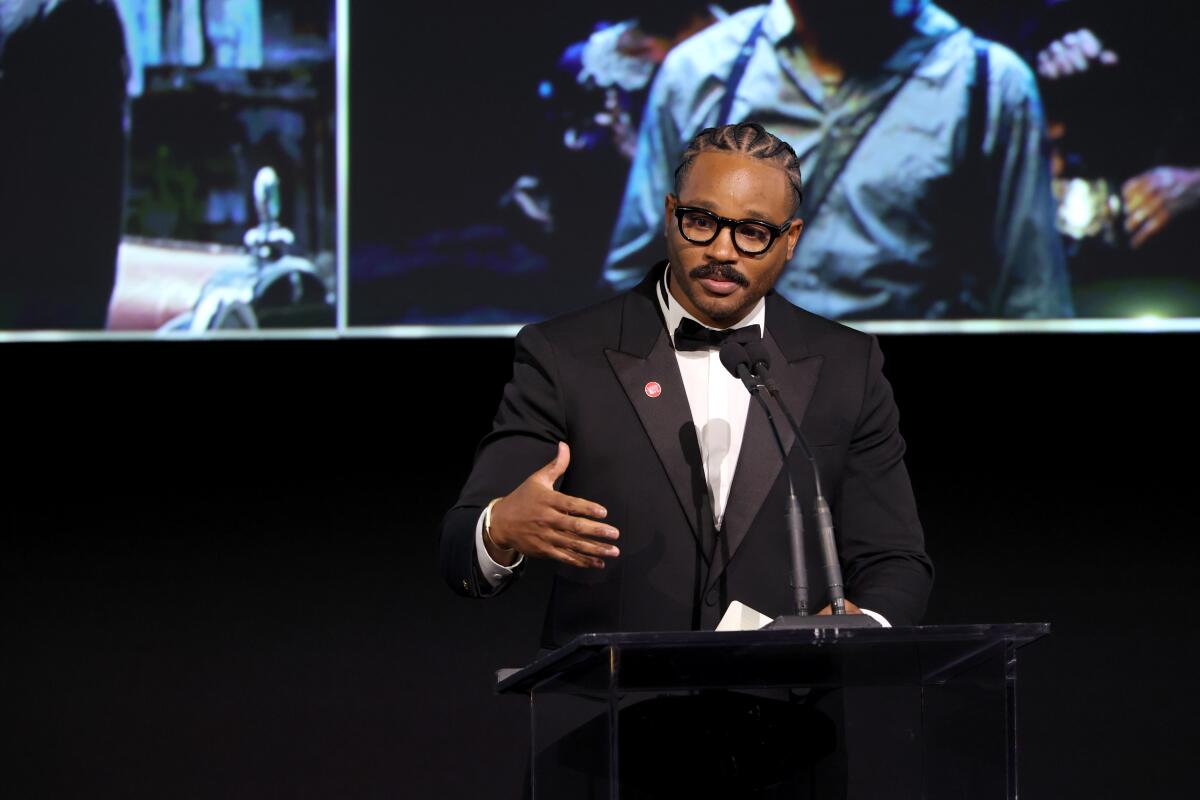 Honoree Ryan Coogler, wearing Gucci, speaks onstage during the 2025 LACMA Art+Film Gala.