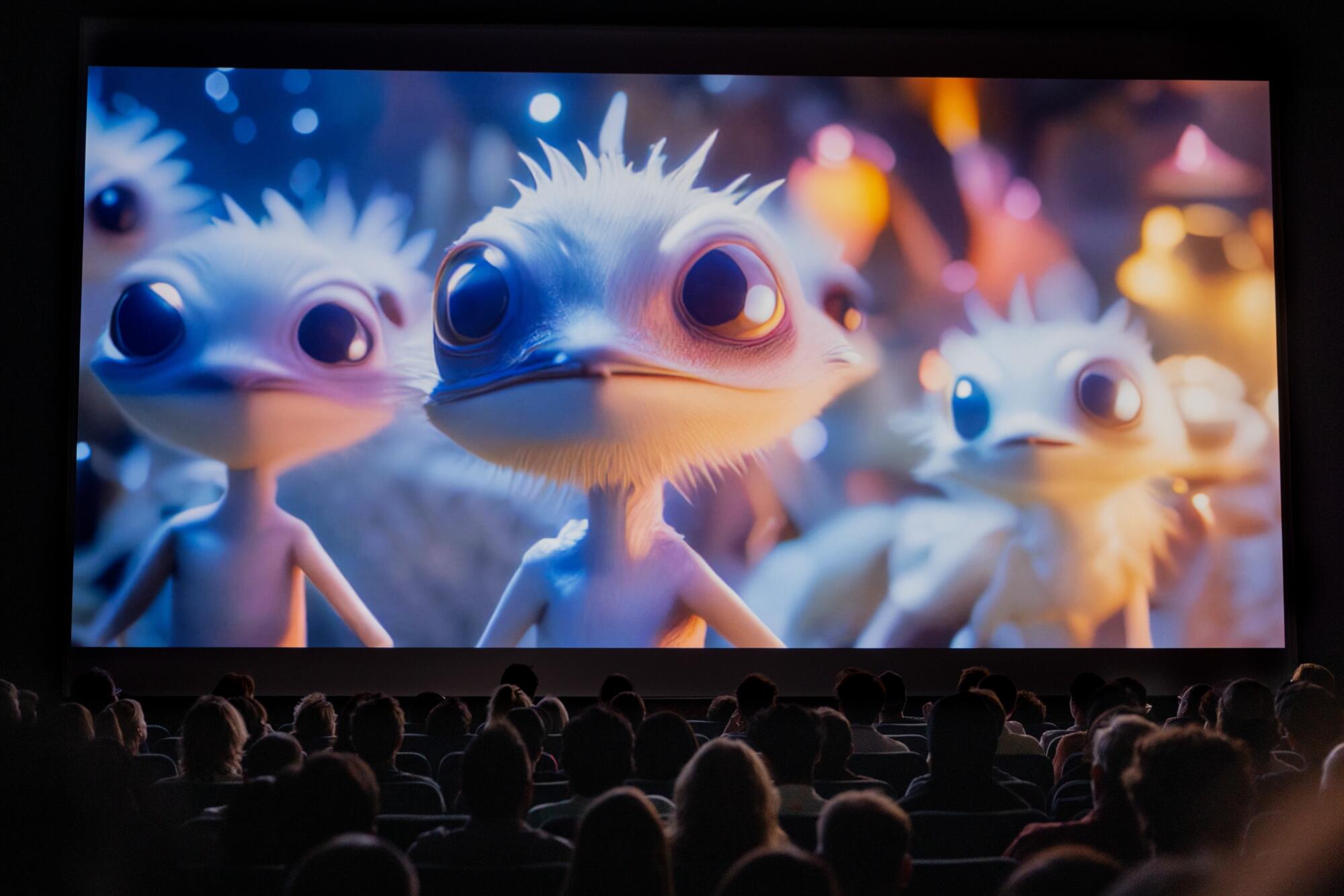 A movie audience watches a piece of computer animation.
