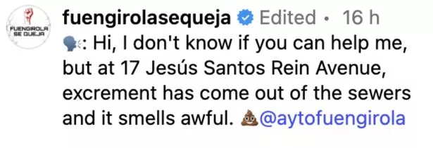 A local resident reports sewage overflowing from drains in Fuengirola, tagging the city council for help.