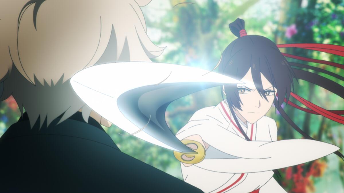 a woman holds a sword at a person's neck