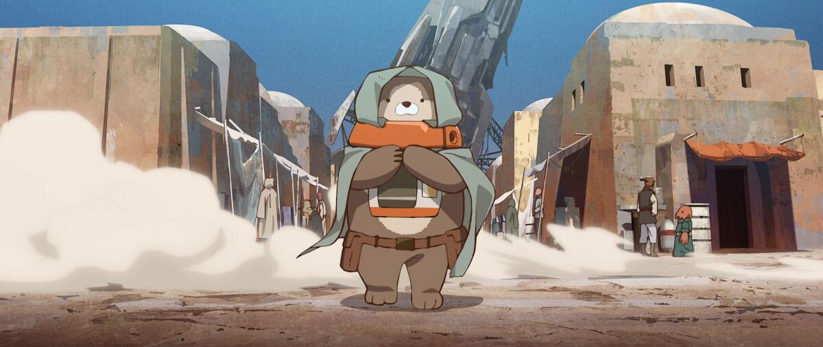 a large teddy-bear-like droid walking around town