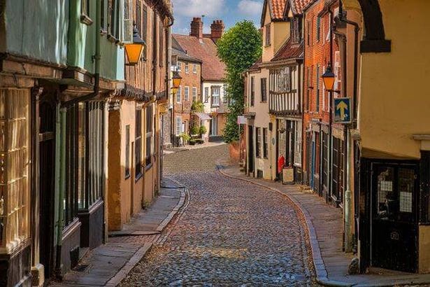 Elm Hill, Norwich, Norfolk, United Kingdom. Photo taken in the Summer July 2024.