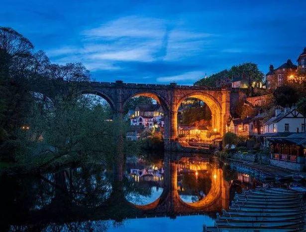 Old stone railway viaduct over River Nidd in Knaresborough