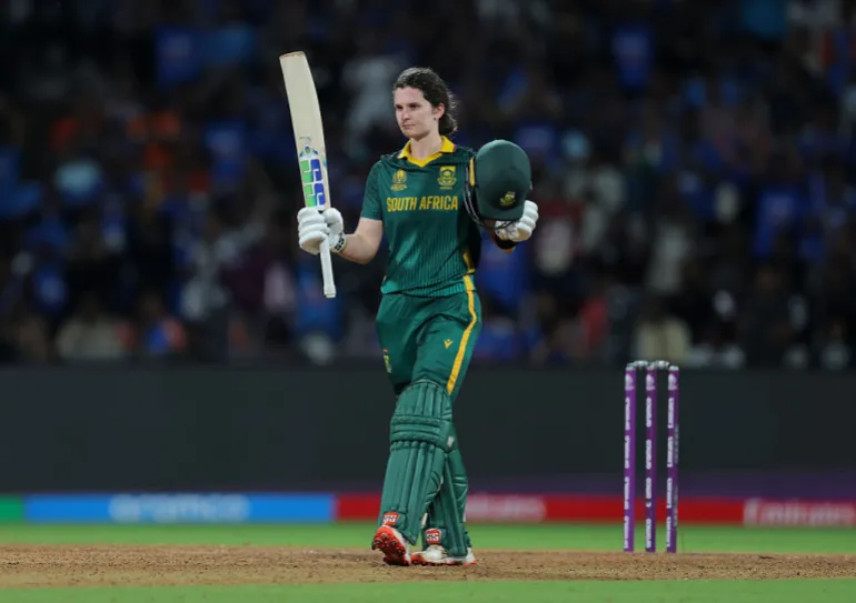 Laura Wolvaardt of South Africa celebrates her century during the ICC Women's Cricket World Cup India 2025 Final