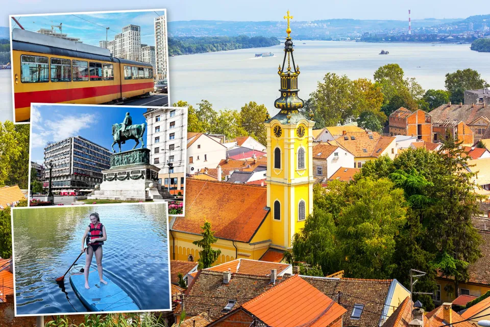 Collage of a yellow church in Serbia, a tram, a statue, and a woman paddleboarding.