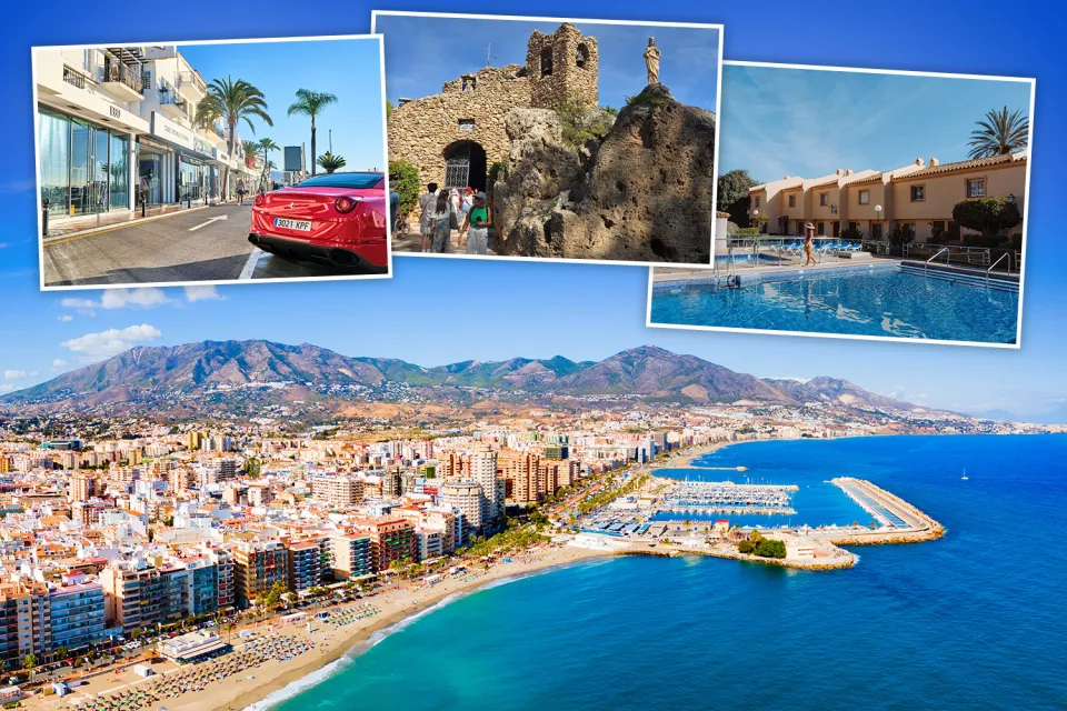 Collage of an aerial view of a coastal city, a street with a red sports car, a stone church on a hill, and a hotel swimming pool.