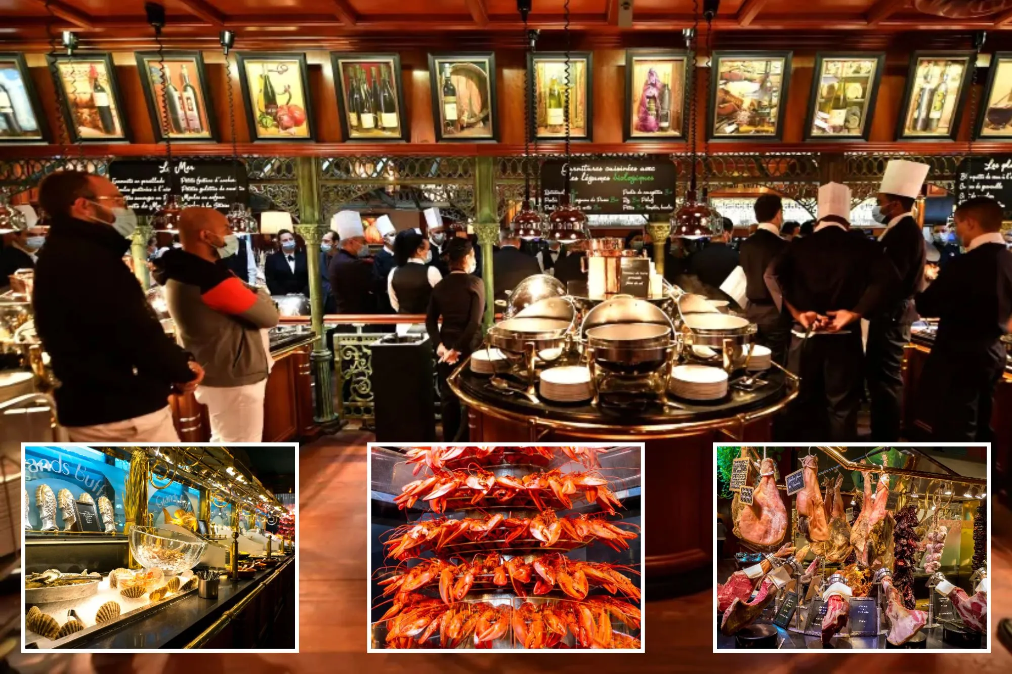 An image collage containing 4 images, Image 1 shows Staff members wearing face masks gather for a briefing in a restaurant, Image 2 shows A tiered display of cooked lobsters, Image 3 shows A seafood buffet counter with oysters on ice, scallops, a glass bowl, and golden fish decorations at Les Grands Buffets in Narbonne, Image 4 shows A gastronomy buffet with various hams like Jambon Serrano and Jambon des Pyrénées, along with dried peppers and garlic