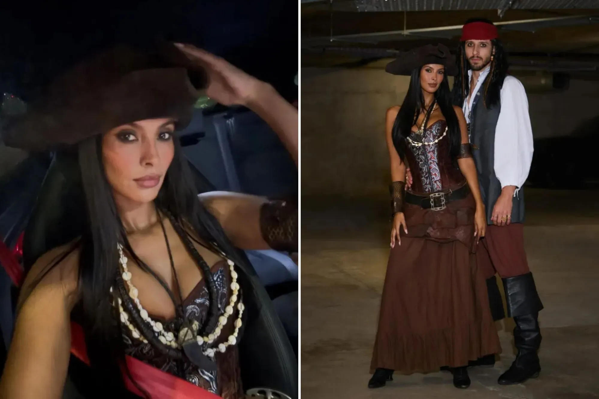 An image collage containing 2 images, Image 1 shows Woman dressed as a pirate in a car, wearing a brown hat and a brown top with shell necklaces, Image 2 shows Two people in pirate costumes posing for a photo