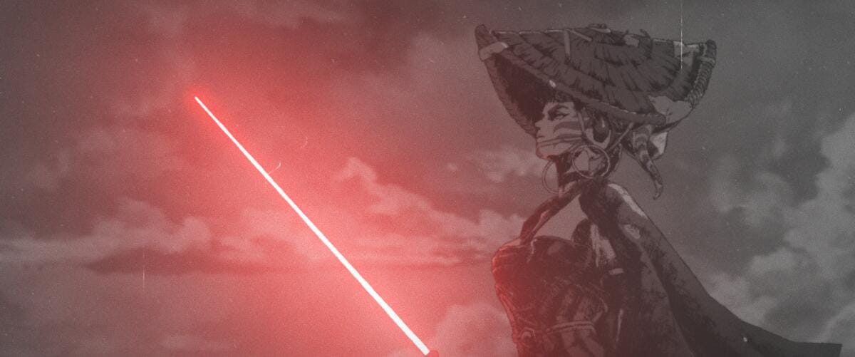 a woman holding a lightsaber with a red blade