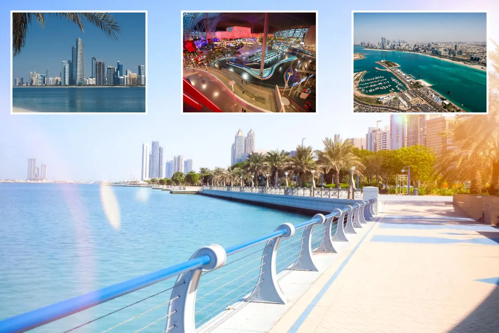 An image collage containing 4 images, Image 1 shows Skyline of Abu Dhabi at the waterfront, Image 2 shows Abu Dhabi skyline from the waterfront with a palm tree in the foreground, Image 3 shows Interior of Ferrari World, an indoor amusement park with a go-kart track, in Abu Dhabi, Image 4 shows Aerial view of Abu Dhabi with turquoise water, a national flag, and skyscrapers