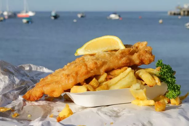 Stock photo showing close-up view of takeaway fish and chips on cardboard tray